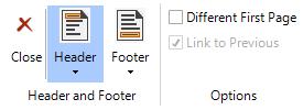 Header; Footer: Use these buttons to enable, disable and modify your headers and footers.