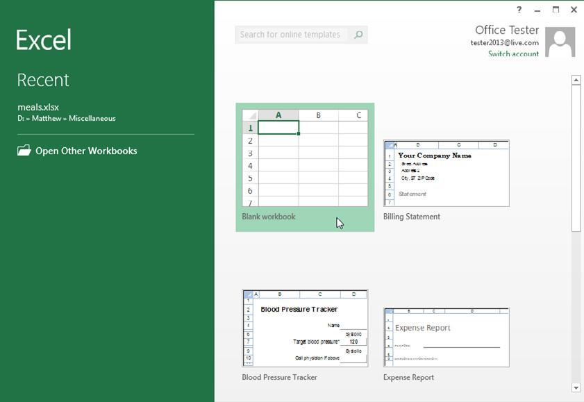 Figure 1-1 Excel s welcome page lets you create a new, blank worksheet or a readymade workbook from a template.