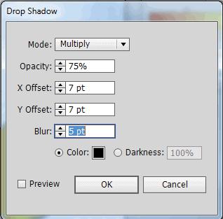 3. To create the Drop Shadow window, type the following values in the menu: Opacity: 100% X Offset: 3pt Y Offset: 3pt Blur: 5pt 4. To complete the drop shadow effect, 5.