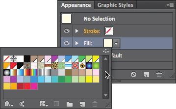 In the Appearance panel, double click the yellow box next to Fill. This will pop open the Swatches panel, as shown to the right. 4. In the Swatches panel, you ll see numerous colors.