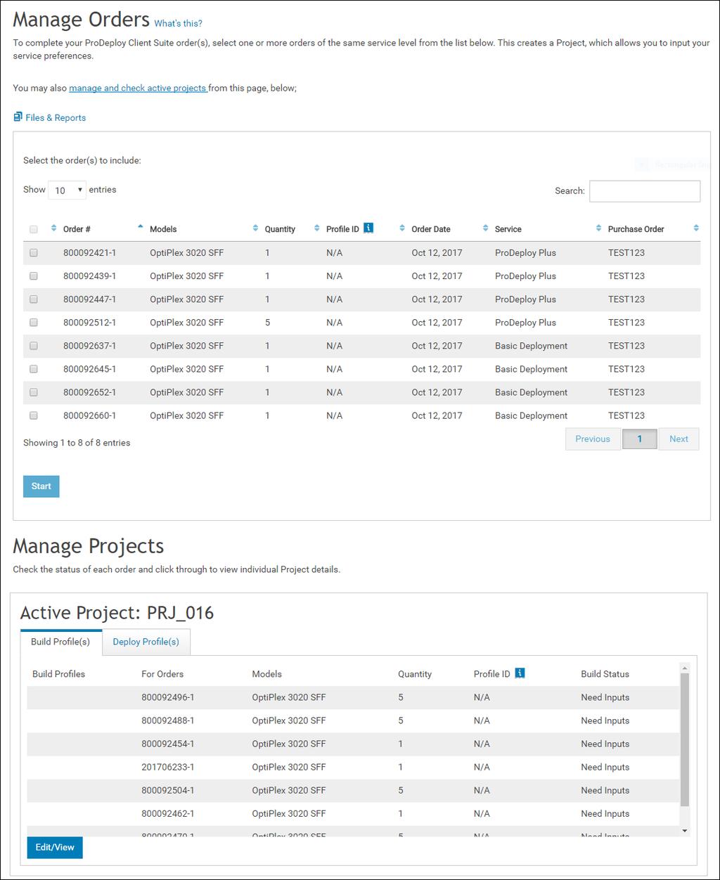 4 Manage Orders page The Manage Orders page includes the following sections: Manage Orders Lists the orders that have not been assigned to a Project.