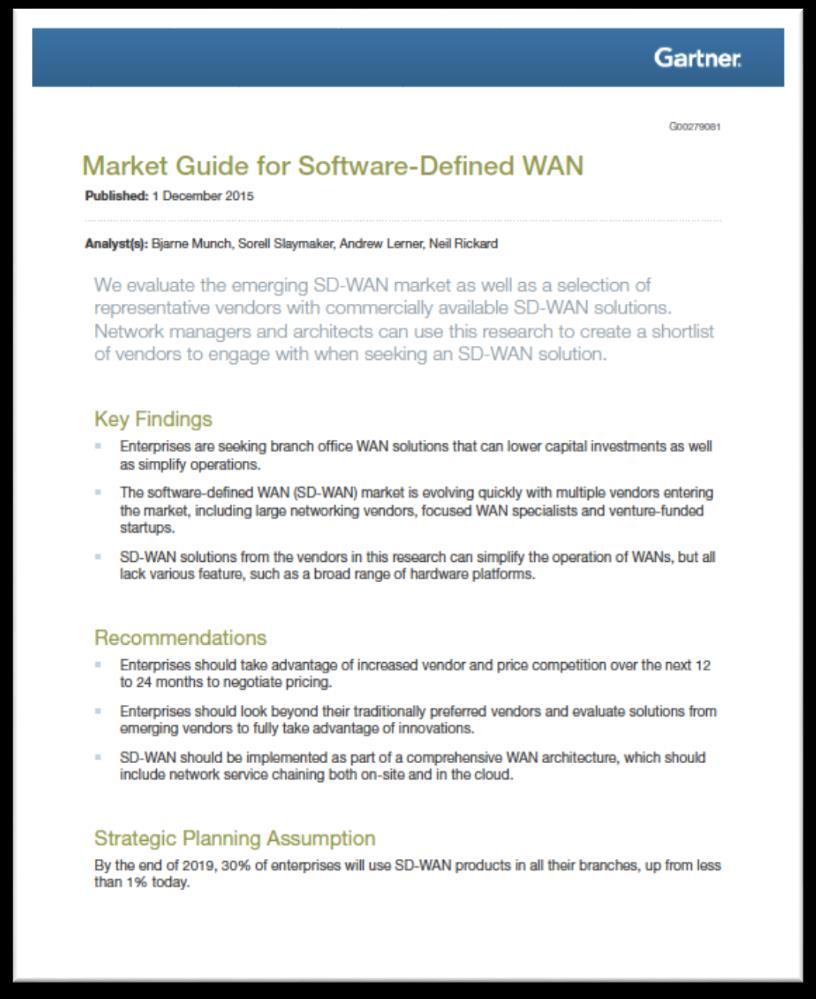 Introducing Software Defined WANs Intelligent and dynamic load sharing Secure connectivity and integrated network services Simplified