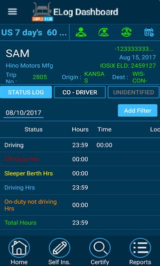 6. SELF-INSPECT MENU The dashboard of Self Inspection page contains Driver name, Truck VIN details, Date, ELD details, Company name, Trip number, origin, and destination. 6.