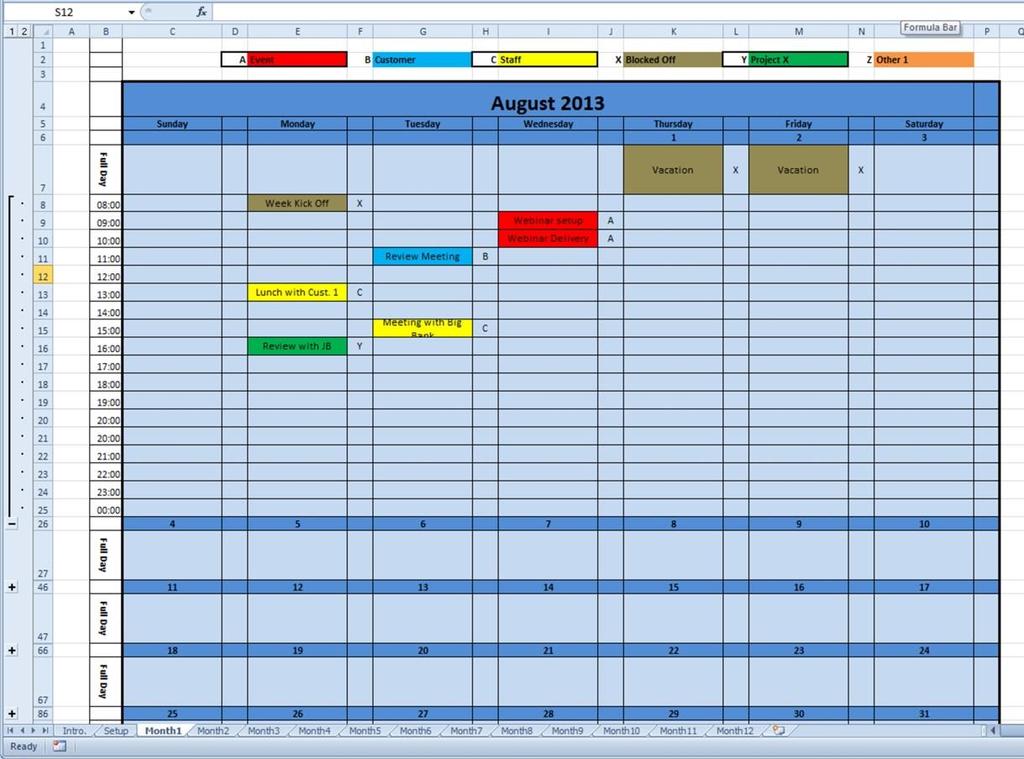 MAKING NEW CALENDAR ENTRIES The workbook contains a worksheet for each month of the year. Select the appropiate month by choosing the relevant worksheet tab.
