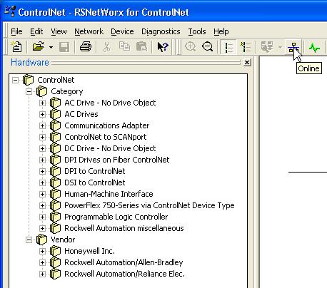 1. Launch RSNetWorx for ControlNet and create a new file. 2. Click the Online button.