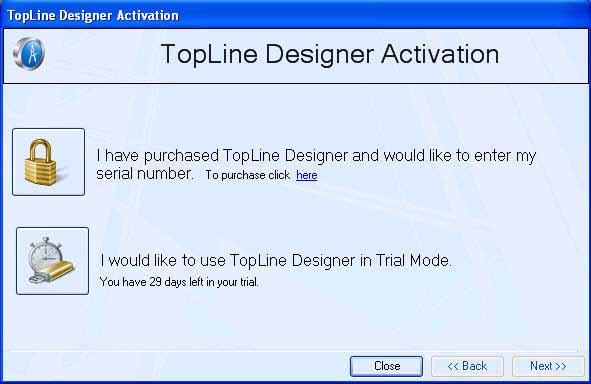 Installation. 10 Home > Installation > Activation Activation Upon logging into an ACT! database after installing TopLine Designer, the TopLine Designer Activation window will appear.