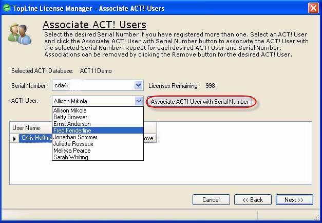 Select the ACT! to have TopLine Designer access (by default, only active ACT!