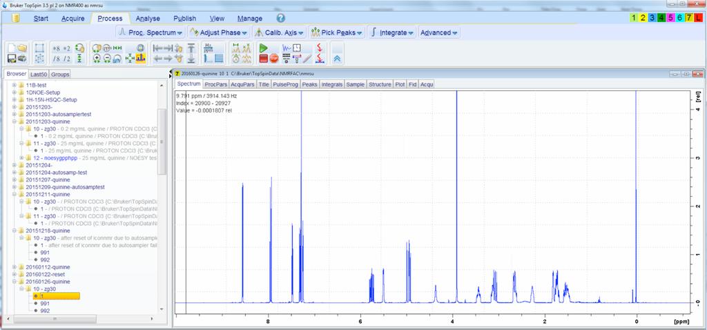 Data Processing 1. To look at your spectra, simply double-click on your completed experiment in the Preceding Experiments list.