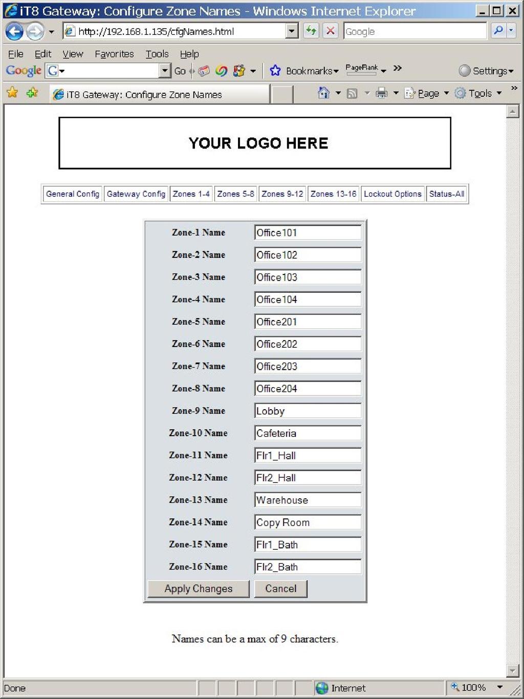 You can use the page shown below to configure a name for each it8 or Zone.