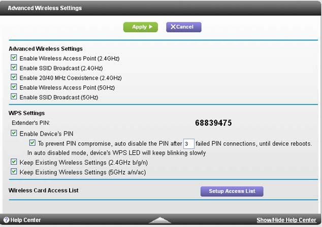 View or Change the WPS Settings Use care when changing the wireless settings. Incorrect settings might disable the extender s WiFi networks unexpectedly.