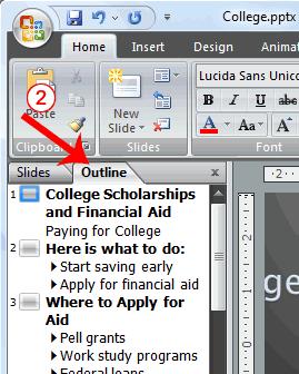 2. Choose the Outline tab to view the text of your presentation as an outline.
