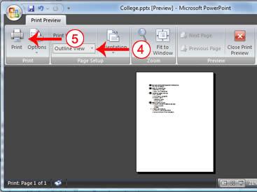 4. Click the down arrow next to the Print What field in the Page Setup group and then select Outline View. 5.