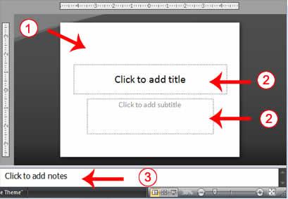 1. Click the View tab. 2. Click Ruler in the Show/Hide group. The rulers appear. Slides, Placeholders, and Notes 1 Slide 2 Placeholders 3 Notes Slides appear in the center of the window.