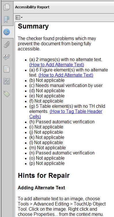 Figure 4. Accessibility Report Navigation Features A table of contents page should have been created in the original document. Check buttons, links, bookmarks, and tab order for form fields.