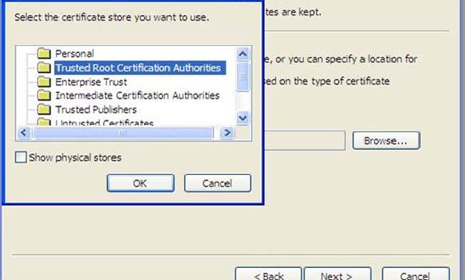 Select Place all Certificate in the following store button from the Certificate Import Wizard dialog and click Browse