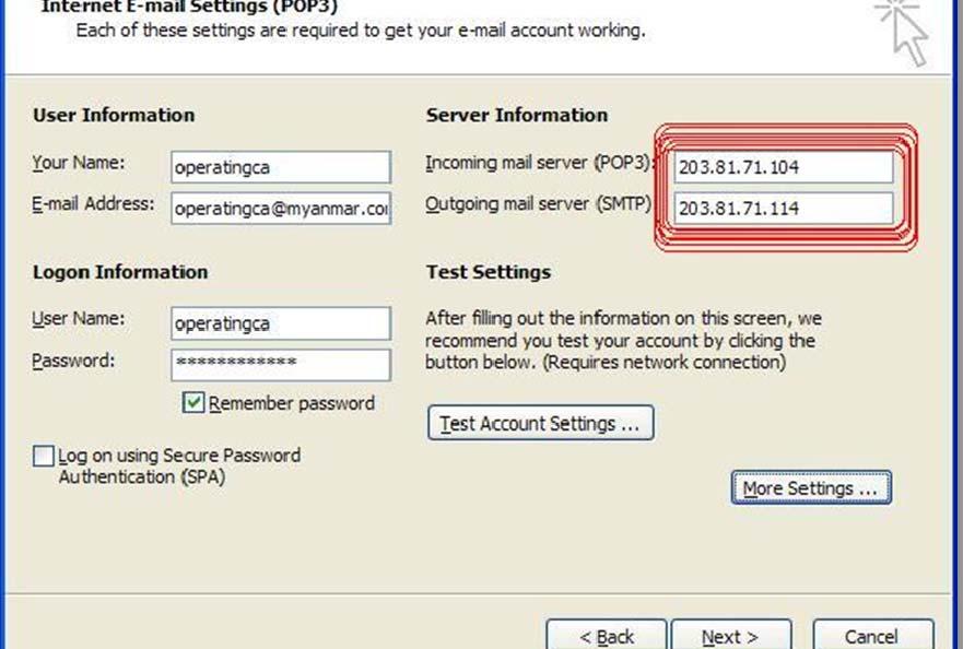 4. In E-Mail dialog box fill the User Information and logon Information in appropriate boxes.