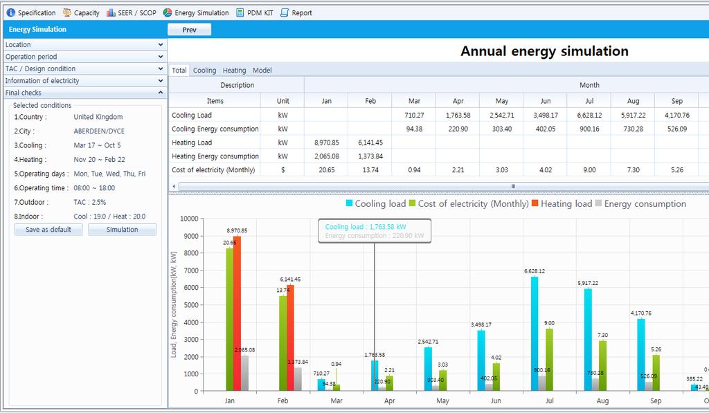 Energy simulation Select & input all conditions. Proceed energy simulation with tapping Result.