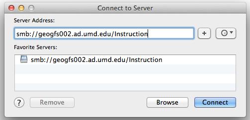 In the server address box if it is a Windows share use smb://geogfs002.ad.umd.edu/ Instruction and select connect. 3.