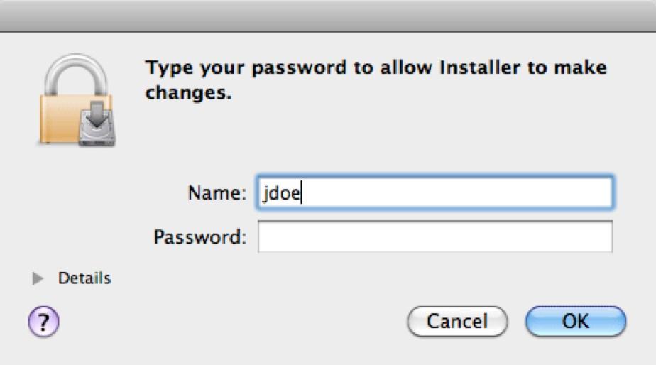 7. The installer will now want your computer password. This is your Administrator password.
