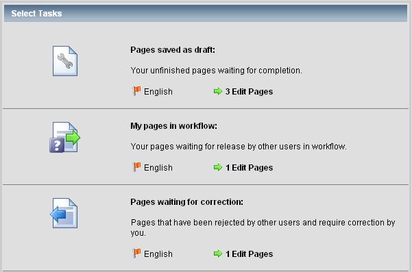 This screen also shows you the pages in workflow which are waiting for release by editors or publishers.