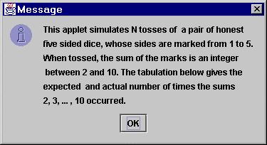 Lab 3. You are to write an applet that simulates N tosses of a pair of honest, five sided dies.