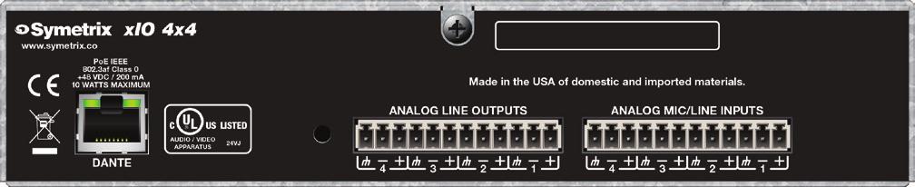 # Analog Mic/Line Inputs: Four (4) balanced analog audio inputs, with individually software-controllable pre-amp gains (reference levels of -50 dbu, -40 dbu, -20 dbu, -10 dbv and +4 dbu), and phantom