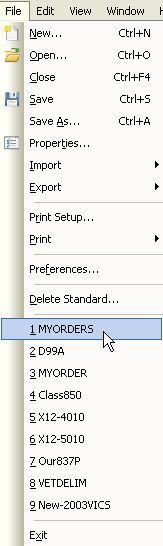 Re-Opening a MIG 1. Enter Standards Editor again. 2. Choose File and look at the menu. 3. Choose MYORDERS from the menu, or choose Open Both Published & User MYORDERS.