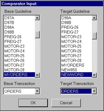 Choosing What to Compare 1. In Comparator, choose File New. The Comparator Input dialog box appears. 2. In the Base Guideline list, select MYORDERS. This is the "present" standard, guideline, or MIG.
