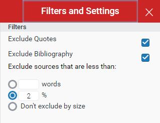 Filter and exclude sources in a report Applying filters and exclusions will reduce the Similarity Index percentage and refine the number of matches shown in a report.