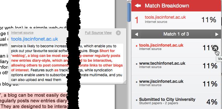 The Match Breakdown shows: a. A full list of alternative online sources Turnitin has identified for the match. b. The number of times the matched source appears throughout the assignment.