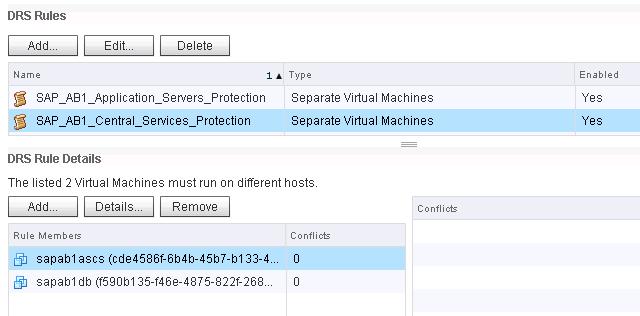 Figure 31. vsphere DRS affinity rules for management cluster A rule was created to keep the SAP Database and ASCS instances from running on the same host, as shown in Figure 32.