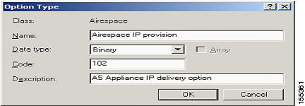 Appendix E: Configuring Vendor-Specific DHCP Options (Option 43) in the Windows 2000 and 2003 DHCP Server A new window opens where you will set the Option class to the value you previously configured
