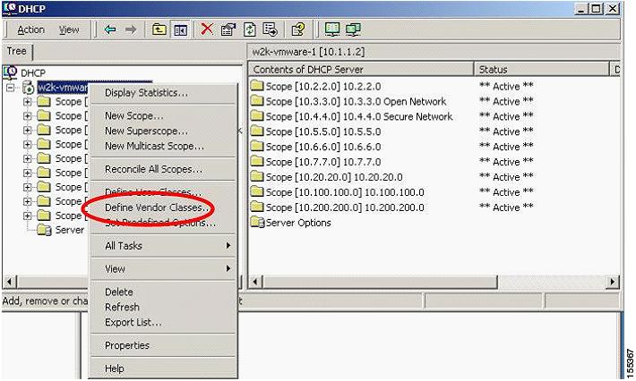 Appendix E: Configuring Vendor-Specific DHCP Options (Option 43) in the Windows 2000 and 2003 DHCP Server Figure 121 Defining the Vendor Class The DHCP Vendor