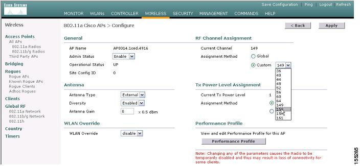 Advanced Deployment Concepts Figure 39 WLC Static RF Channel Assignment to a Radio Step 4 To assign a transmit power level to the access point radio, select the Custom option for Tx Power Level