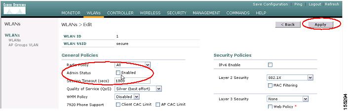 To determine the wireless LAN identifier, navigate in the WLC to the WLANs tab (see Figure 47): Figure 47 WLAN Disable: Edit Step 2 Disable the wireless LANs assigned to the interface.