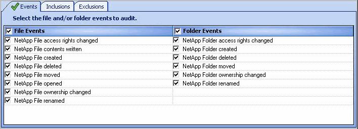 NetApp Filer Auditing Selection list The list box, located across the middle of this page, displays the files, folders or volumes selected for auditing.