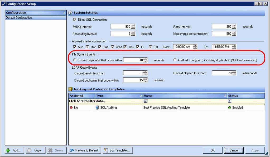 ChangeAuditor for NetApp To set the File System Events settings: 1. Open the Administration Tasks tab. 2. Select the Configuration task button at the bottom of the navigation pane. 3.
