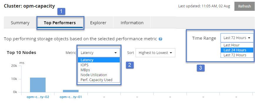 The next panel, labeled Top Performers, displays highest or lowest performing storage objects based on the selected performance metric.