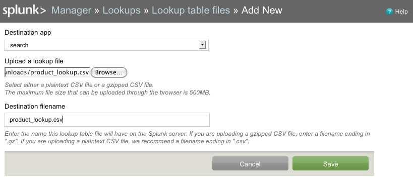 This takes you to the Manager > Lookups > Lookup table files view where you upload CSV files to use in your definitions for