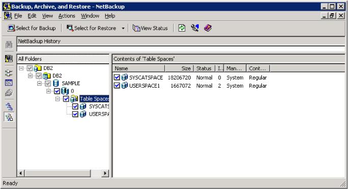 Performing backups and restores of DB2 About browsing DB2 backup images with bplist 74 Figure 4-2 Restore window (Windows) In this example, the DB2 resource is expanded down to the tablespace level.