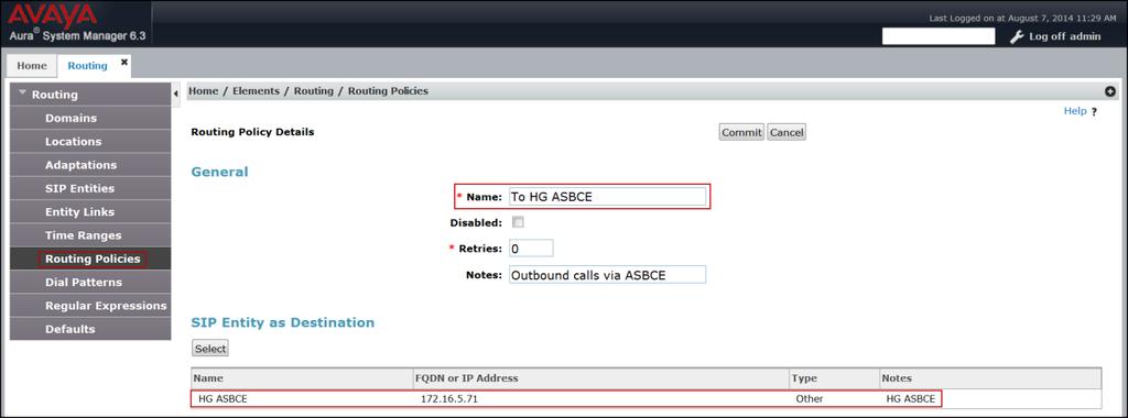 The following screen shows the routing policy for the Avaya SBCE: 6.7. Dial Patterns Dial Patterns are needed to route calls through Session Manager.