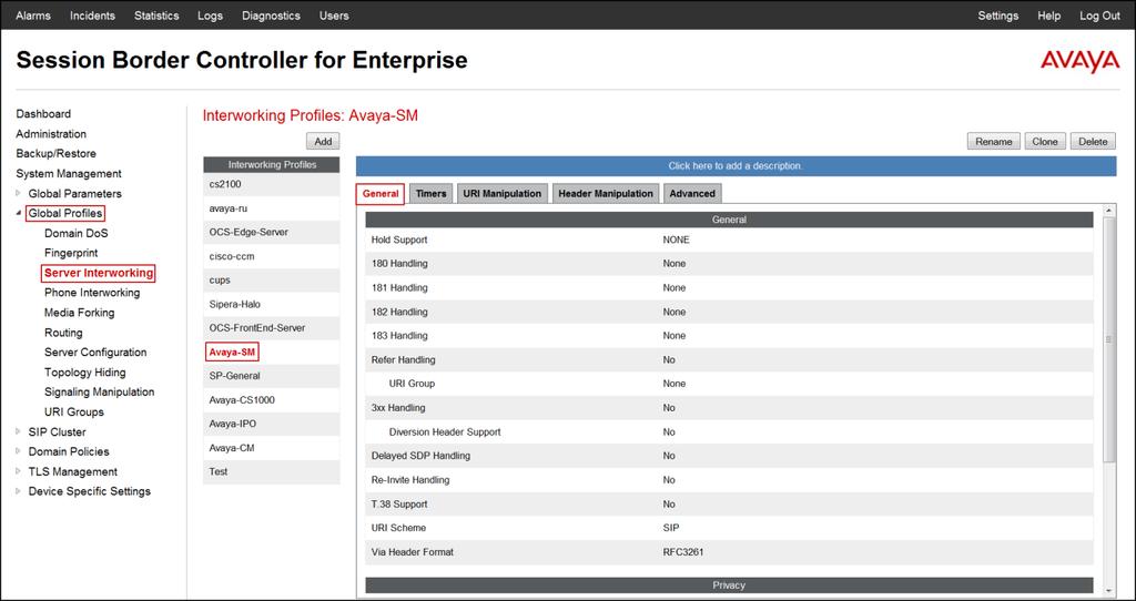 The following screen capture shows the General tab of the newly created Avaya-SM Profile.
