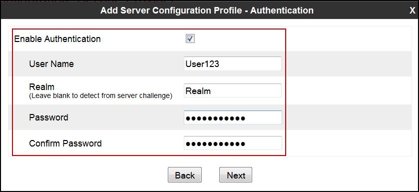 In the Authentication tab: Check the Enable Authentication box. Enter the User Name credential information supplied by the service provider for the authentication of the SIP trunk.