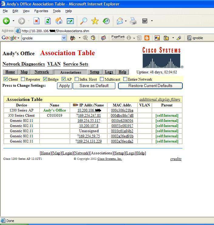 Here is the access point s client association view.