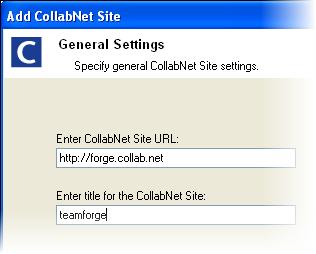 20 CollabNet Desktop - Microsoft Windows Edition Work with CollabNet TeamForge Add a TeamForge site When you add a TeamForge site, you can access its projects and tools in the Site Explorer, and work