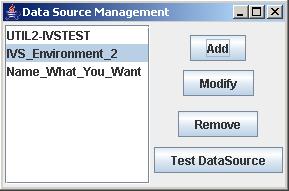 The Data Source is now listed in the Data Source Management window and can be used. Other operations you may run are: - Add another data source. - Modify existing data source information.