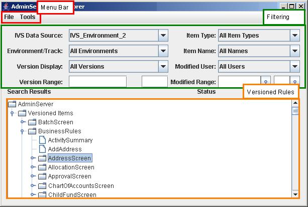 Getting Started Navigating IVS The IVS Explorer consists of three major areas: 1. The Menu Bar 2. Selection and Filtering Area 3.