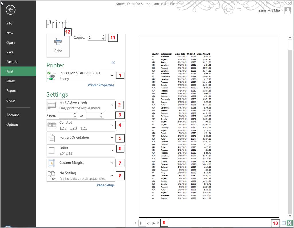 Printing To access the print pane, click on File menu on top. Click on print command. Print Preview will be shown as below. 1.