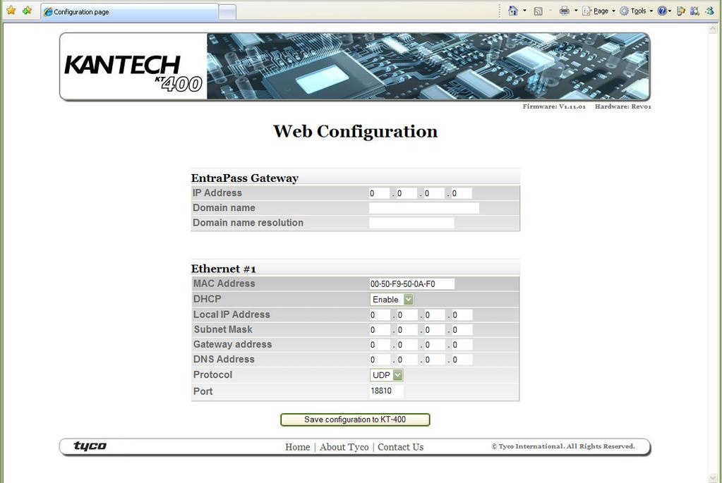 Configuring the KT-400 Ethernet Four-Door Controller with the Web Configuration Page This procedure is useful if you want to configure the KT-400 in advance prior to going on site.
