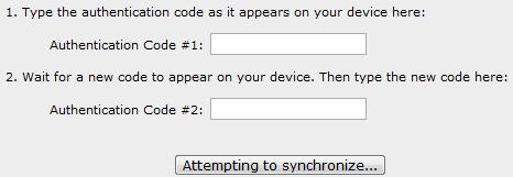 On the Troubleshooting page, type the authentication codes supplied by the registered device, and then click Attempting to synchronize.